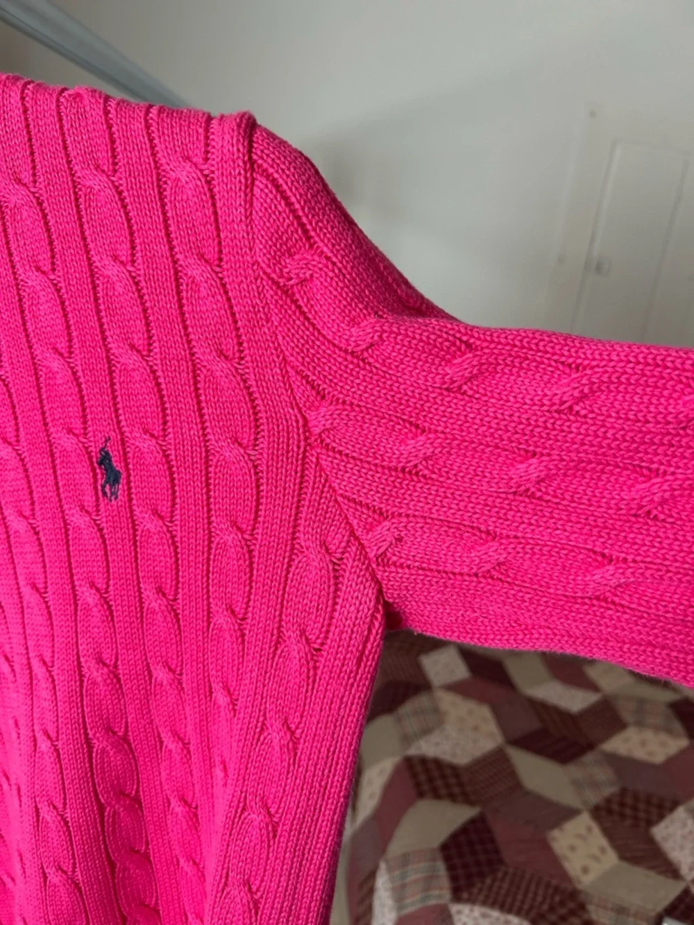Vintage Ralph Lauren Cable Knit Crew Neck Fisherman Sweater Pink Cotton Large